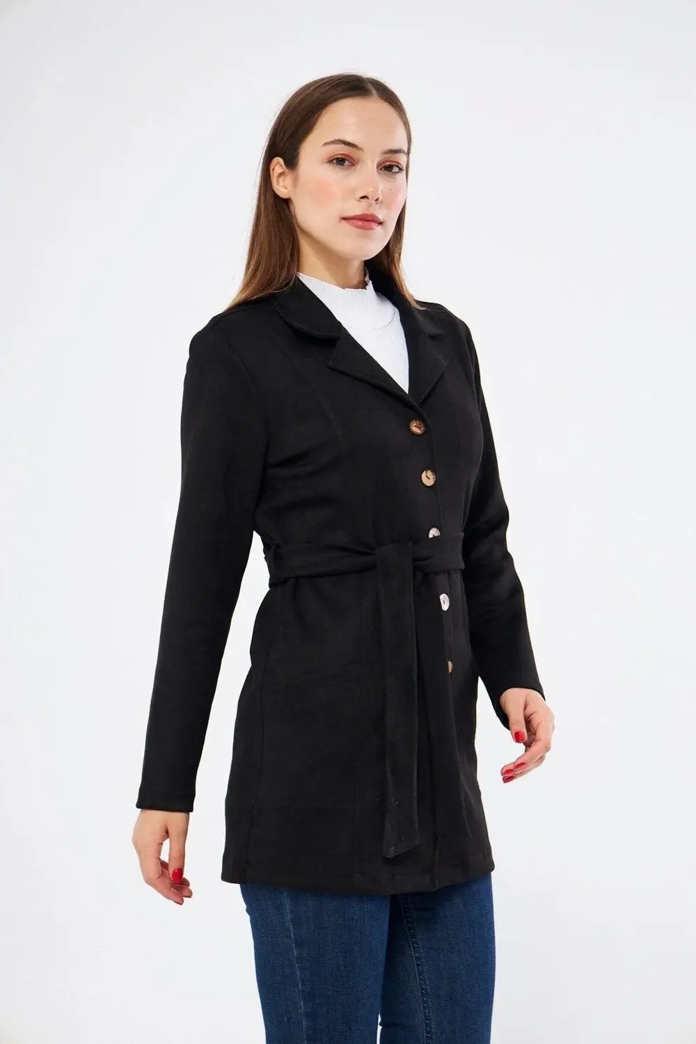 Apsen Kadın Siyah Kuşaklı Cep Detaylı Süet Ceket 6501/80