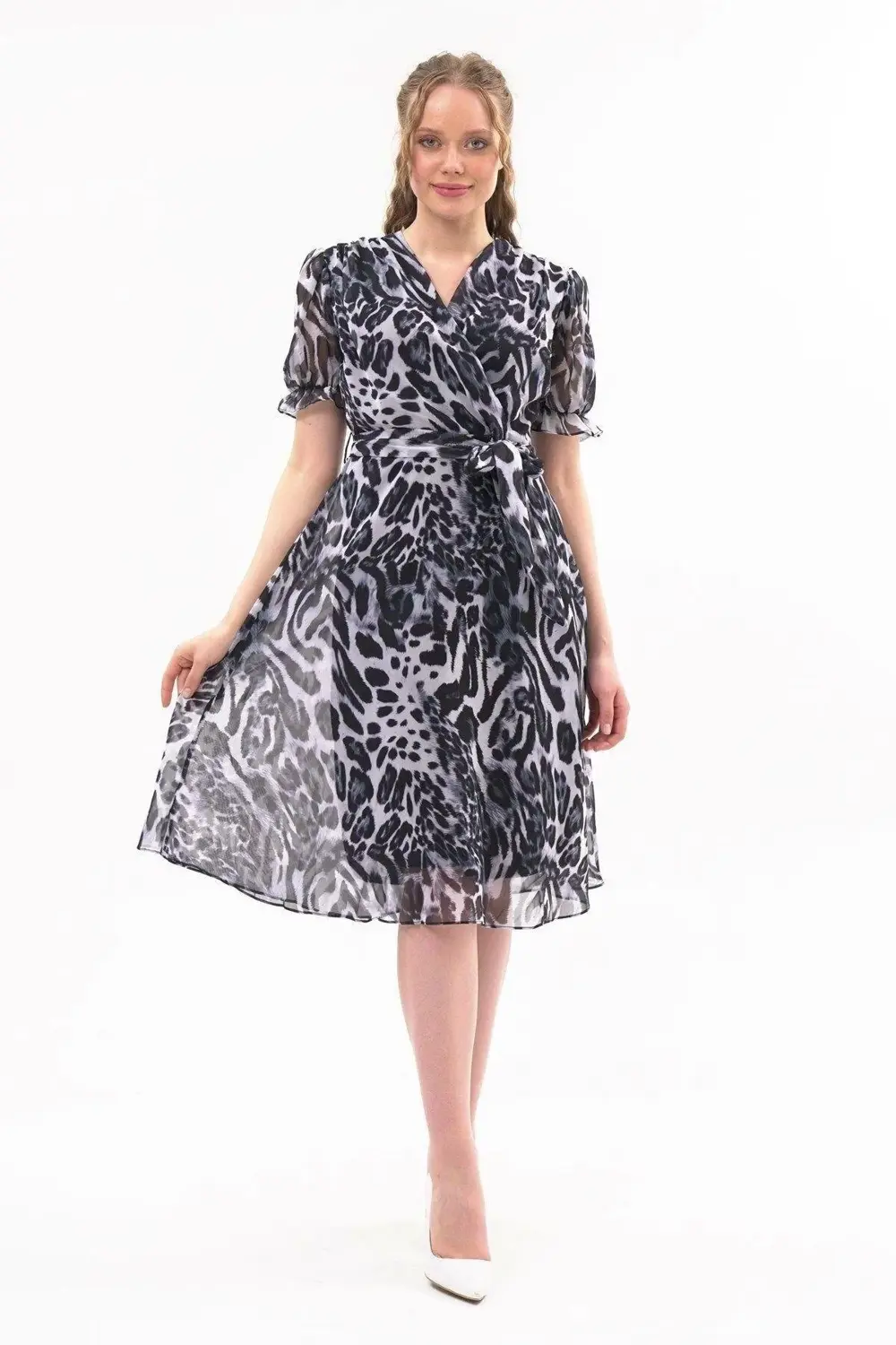 Apsen Kadın Siyah Leopar Desenli Kruvaze Yaka Midi Şifon Elbise 4