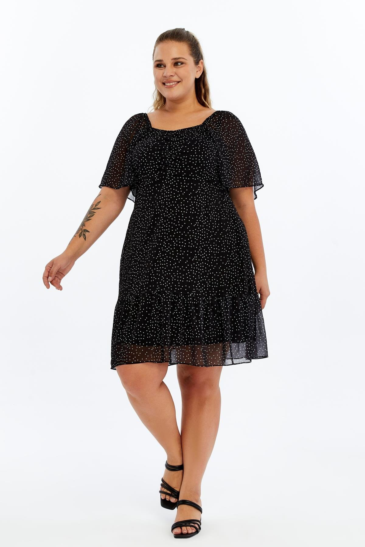 Apsen  Kadın Siyah Puantiyeli Lastik Belli Dokuma Midi Şifon Astar