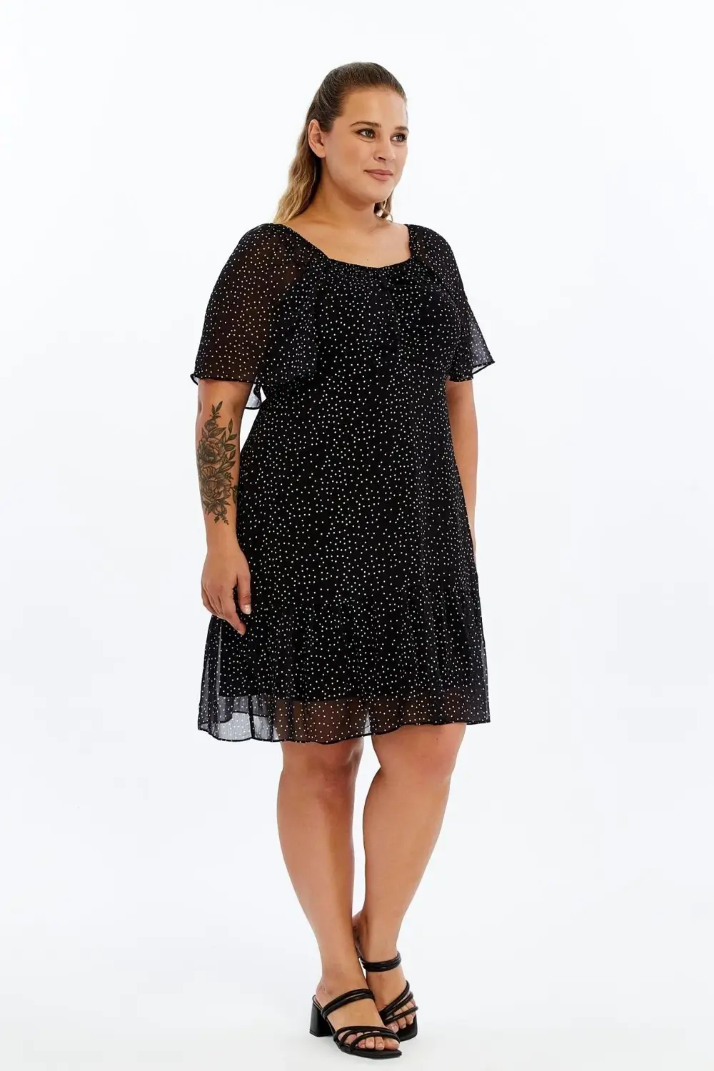 Apsen  Kadın Siyah Puantiyeli Midi Şifon Büyük Beden Elbise 4514-1