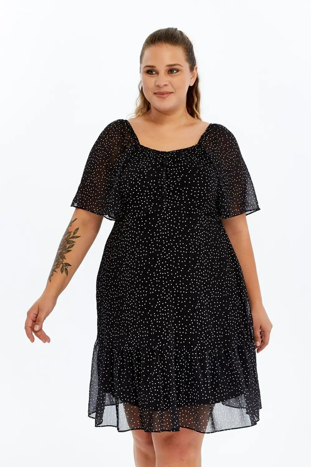 Apsen  Kadın Siyah Puantiyeli Midi Şifon Büyük Beden Elbise 4514-1