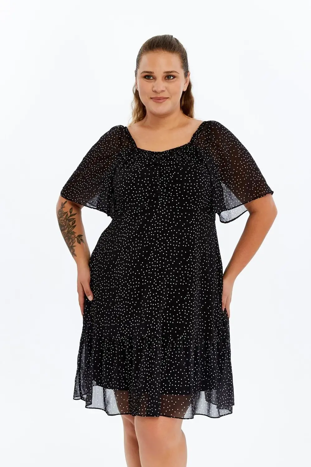 Apsen  Kadın Siyah Puantiyeli Midi Şifon Büyük Beden Elbise 4514-1