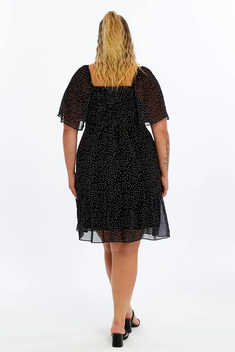 Apsen  Kadın Siyah Puantiyeli Midi Şifon Büyük Beden Elbise 4514-1