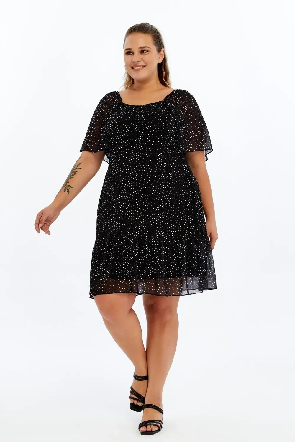 Apsen  Kadın Siyah Puantiyeli Midi Şifon Büyük Beden Elbise 4514-1