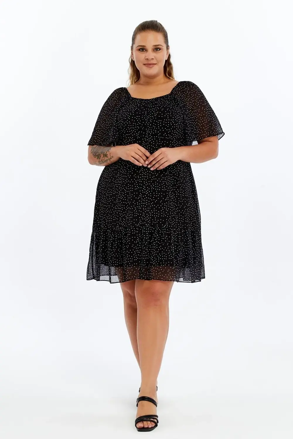 Apsen  Kadın Siyah Puantiyeli Midi Şifon Büyük Beden Elbise 4514-1