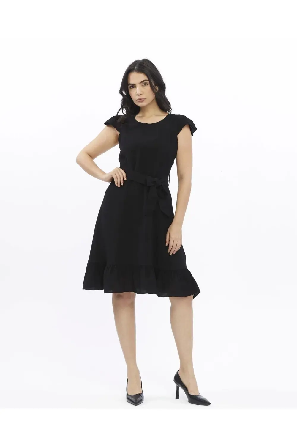 Apsen Kadın Siyah Renk Omuz Detaylı Büzgülü Midi Boy Yazlık Elbis