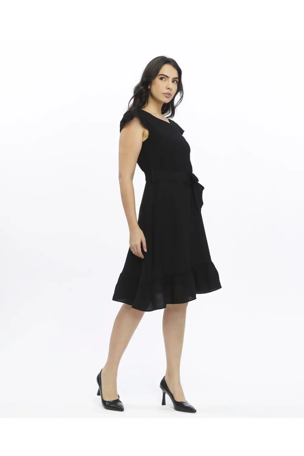 Apsen Kadın Siyah Renk Omuz Detaylı Büzgülü Midi Boy Yazlık Elbis