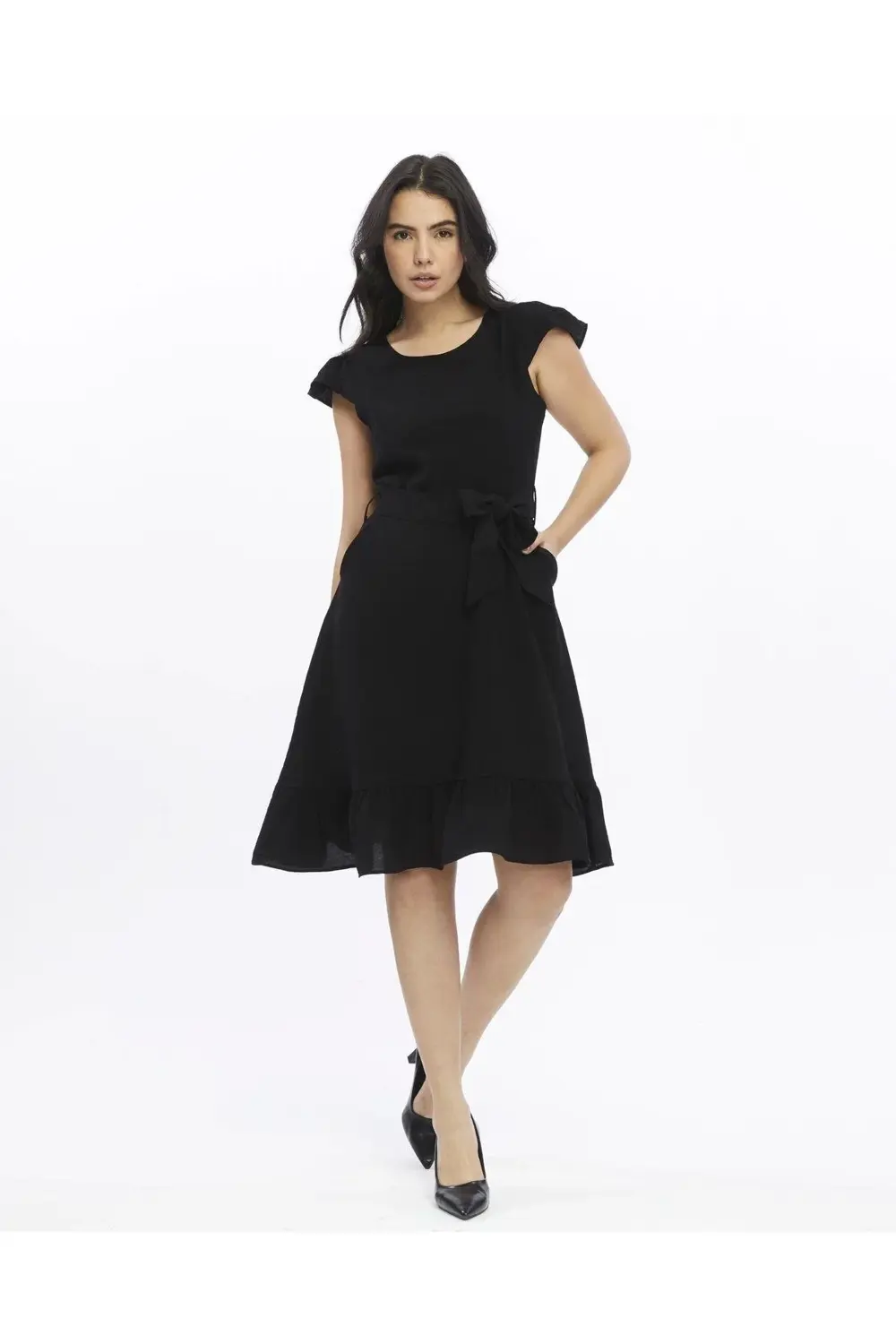 Apsen Kadın Siyah Renk Omuz Detaylı Büzgülü Midi Boy Yazlık Elbis