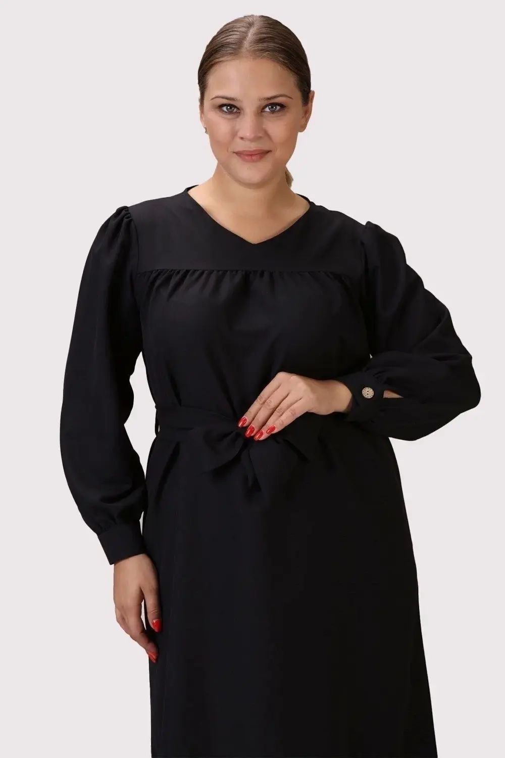 Apsen  Kadın Siyah Uzun Kol Mevsimlik Midi Boy Büyük Beden Elbise