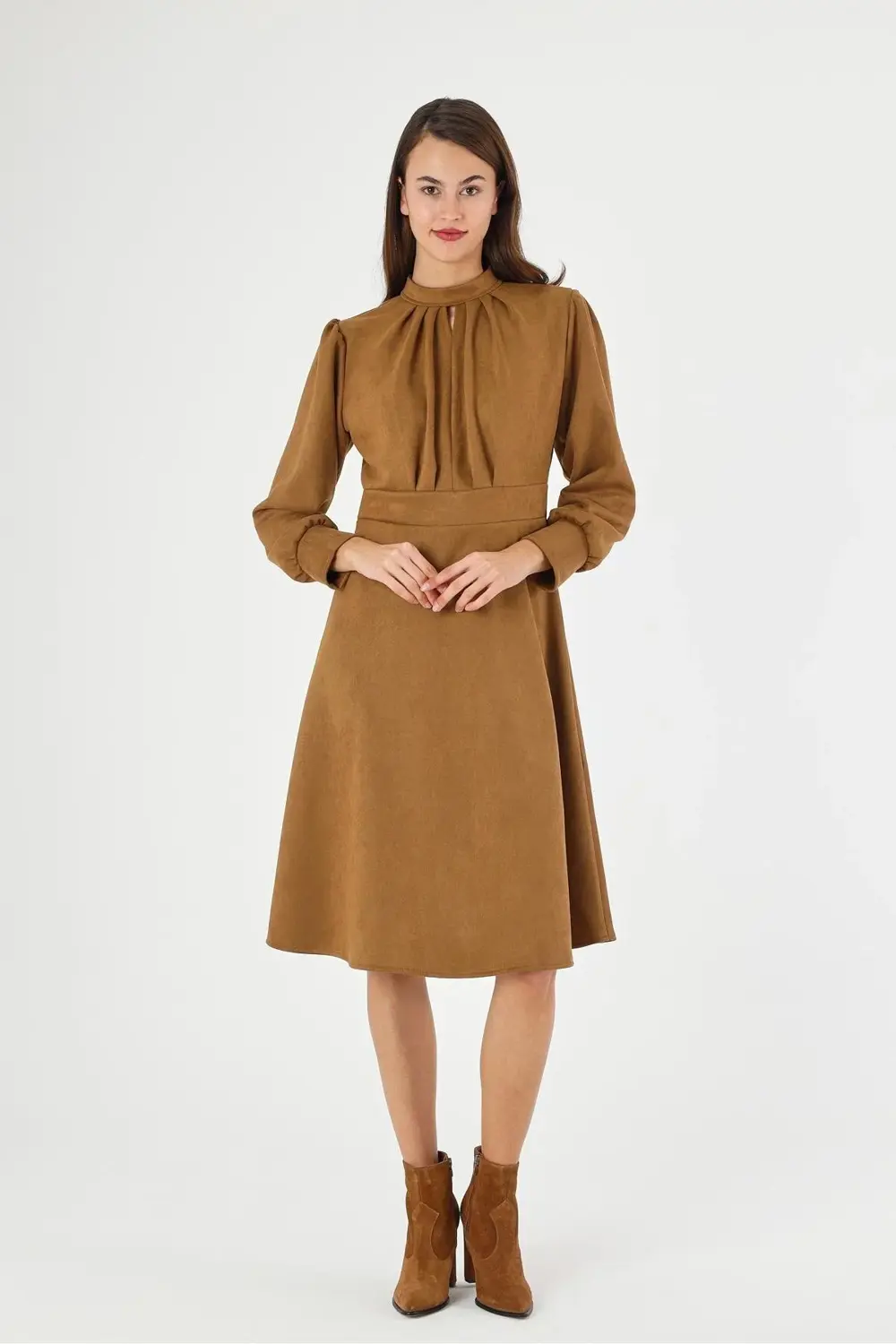 Apsen Kadın Süet Taba Hakim Yaka Pile Detaylı Uzun Kol Midi Boy K