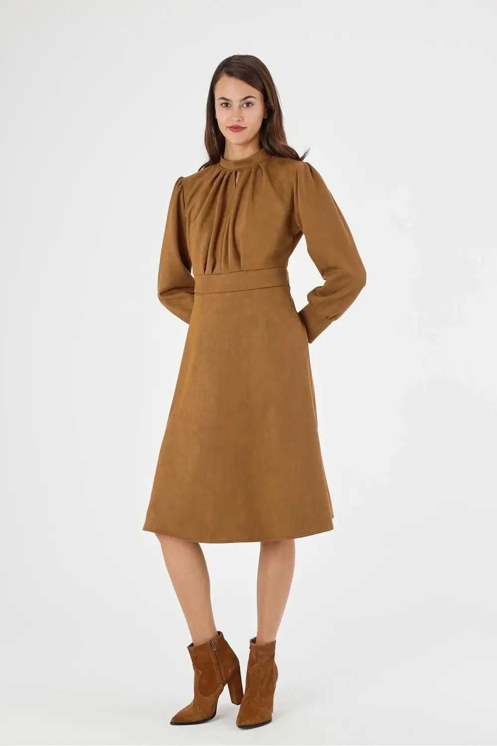 Apsen Kadın Süet Taba Hakim Yaka Pile Detaylı Uzun Kol Midi Boy K