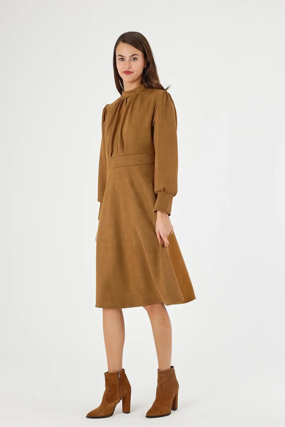 Apsen Kadın Süet Taba Hakim Yaka Pile Detaylı Uzun Kol Midi Boy K