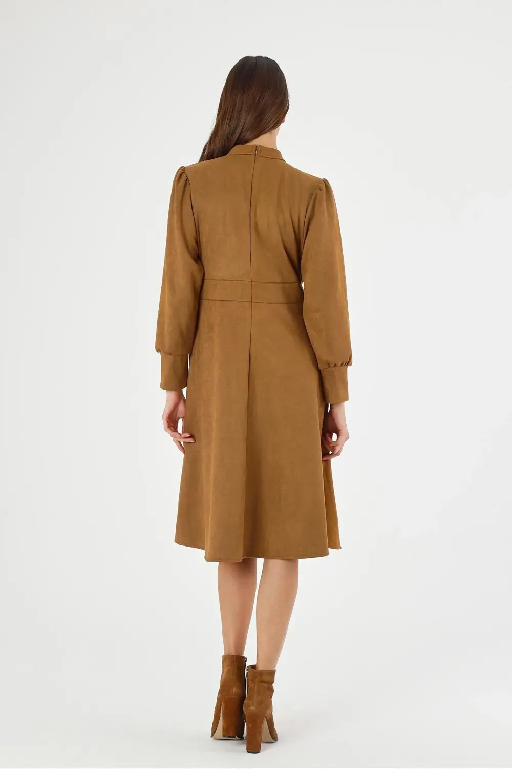 Apsen Kadın Süet Taba Hakim Yaka Pile Detaylı Uzun Kol Midi Boy K