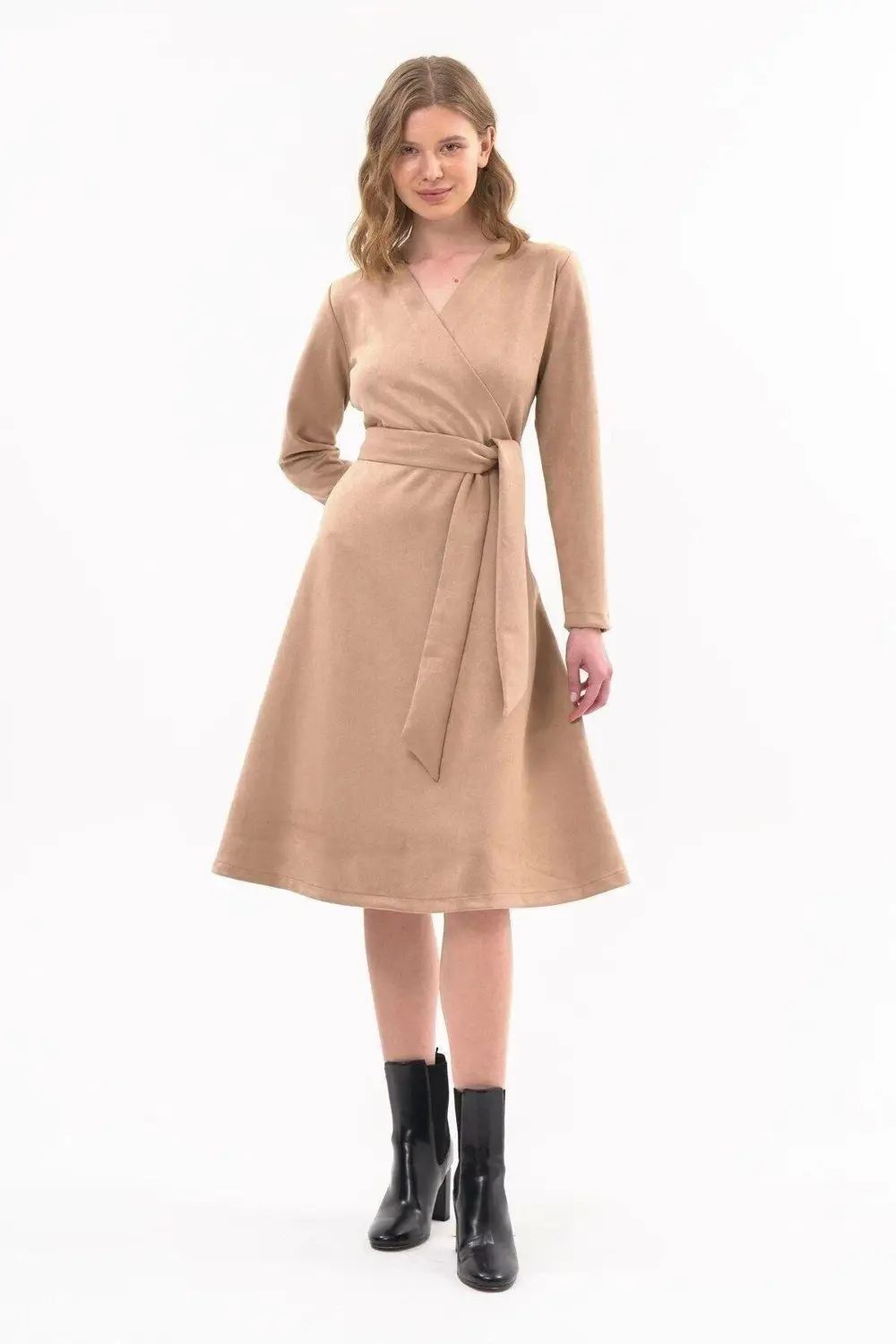 Apsen Kadın Sütlü Kahve Süet Kuşaklı Kruvaze Detaylı Kloş Midi Bo