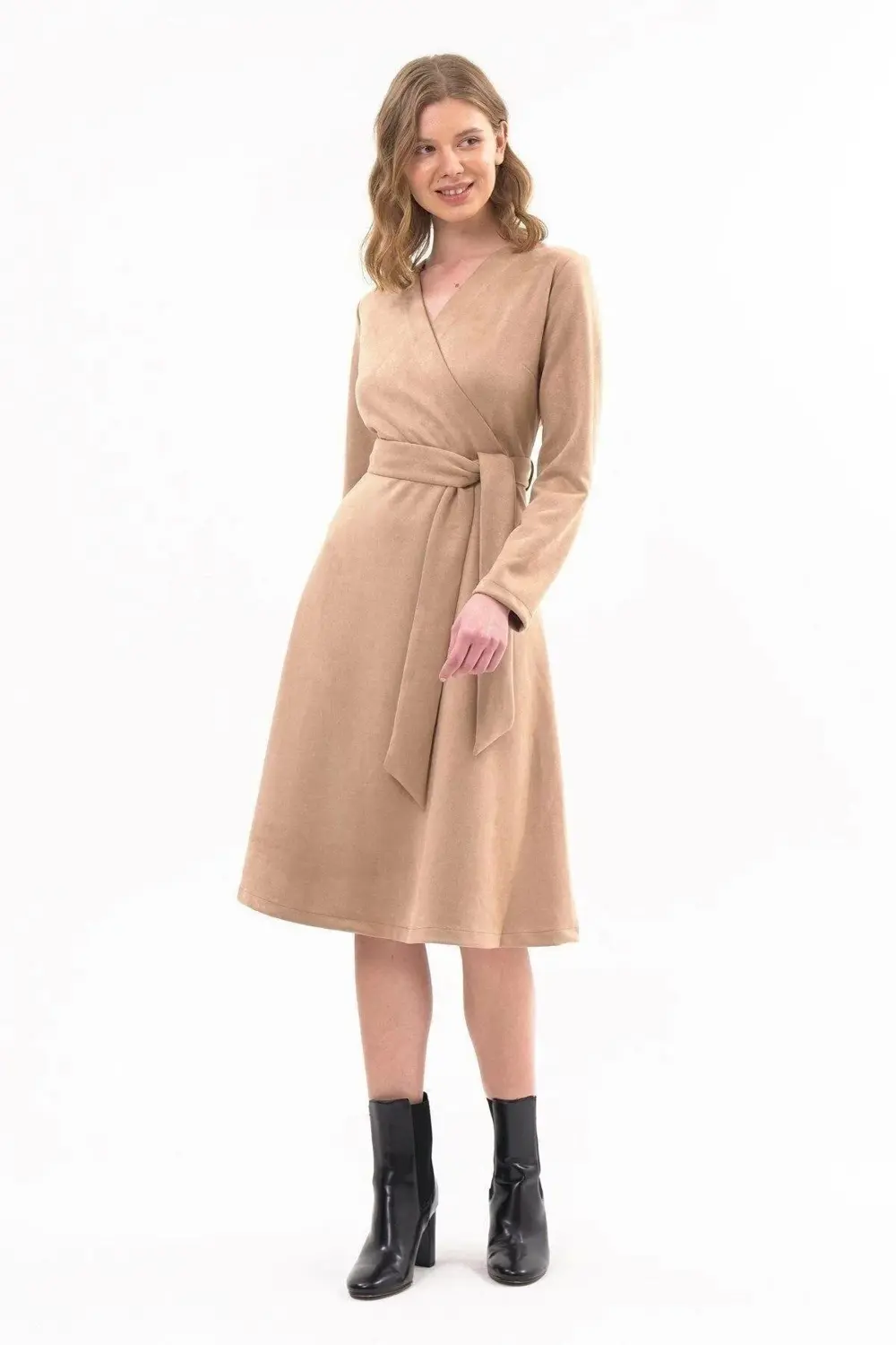Apsen Kadın Sütlü Kahve Süet Kuşaklı Kruvaze Detaylı Kloş Midi Bo