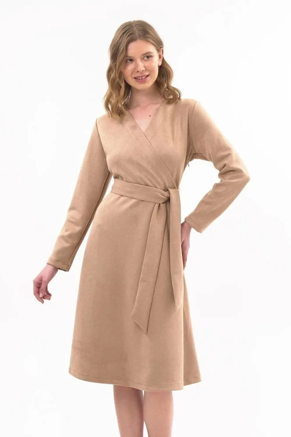 Apsen Kadın Sütlü Kahve Süet Kuşaklı Kruvaze Detaylı Kloş Midi Bo