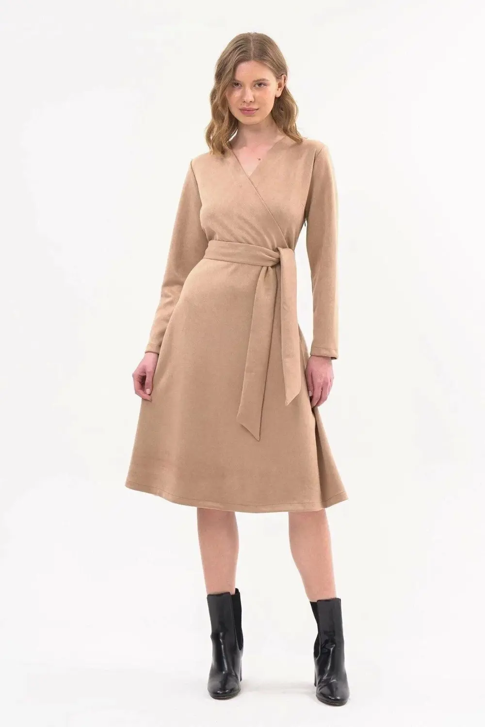 Apsen Kadın Sütlü Kahve Süet Kuşaklı Kruvaze Detaylı Kloş Midi Bo