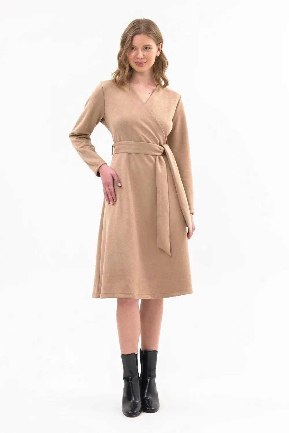 Apsen Kadın Sütlü Kahve Süet Kuşaklı Kruvaze Detaylı Kloş Midi Bo