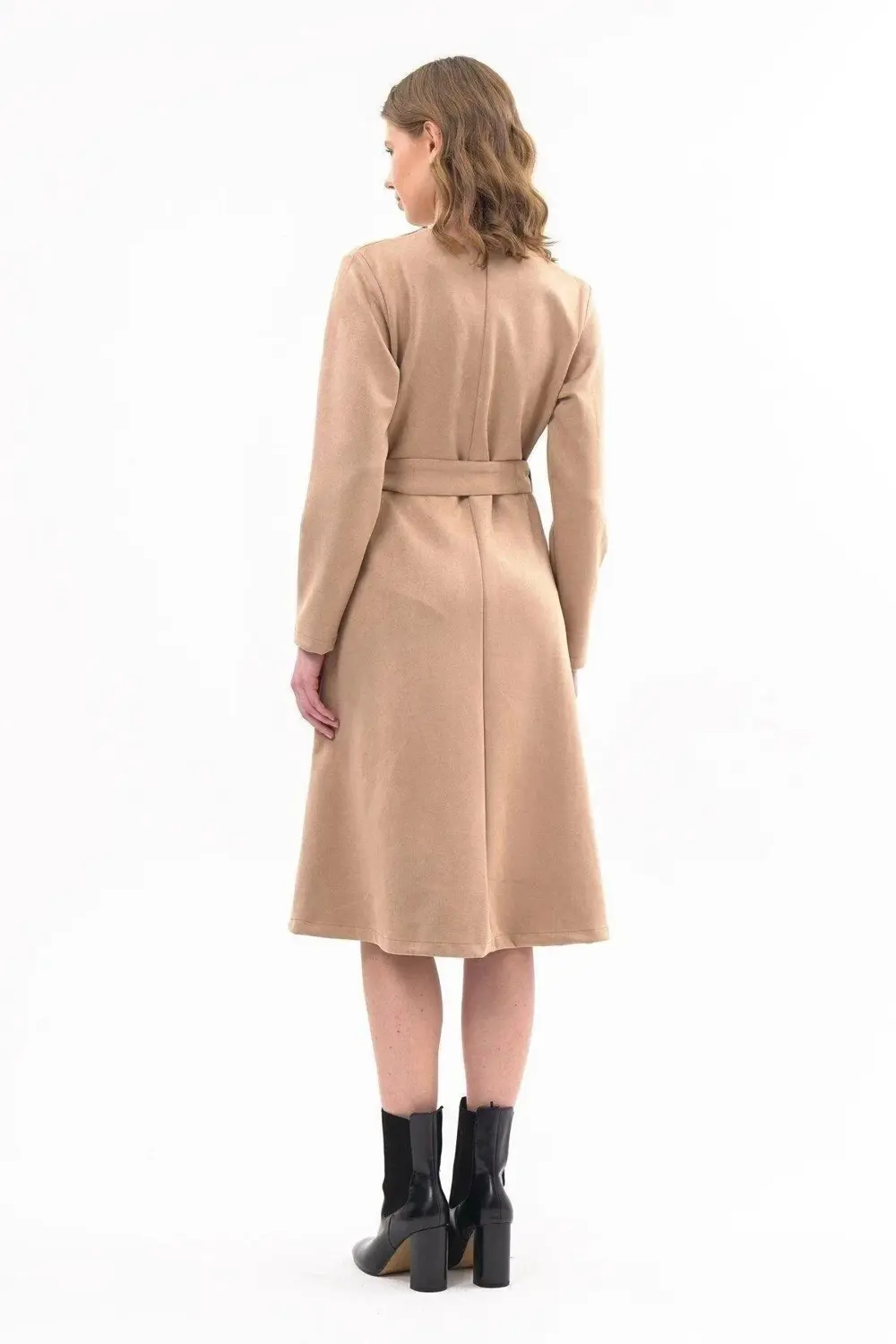 Apsen Kadın Sütlü Kahve Süet Kuşaklı Kruvaze Detaylı Kloş Midi Bo