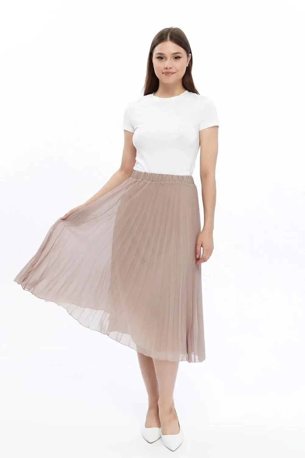 Apsen Kadın Vizon Midi Boy Piliseli Beli Lastikli Şifon Etek 2193