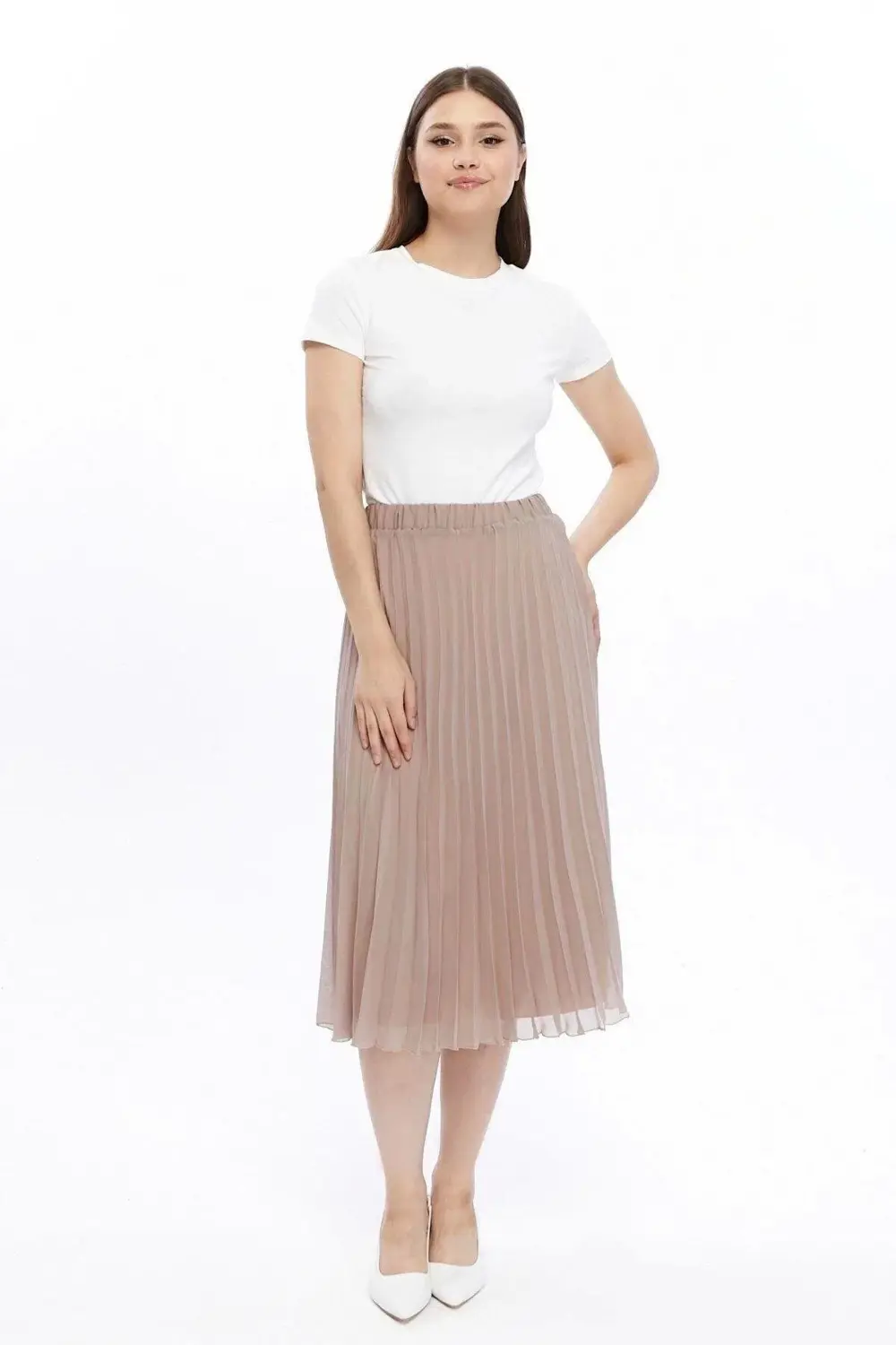 Apsen Kadın Vizon Midi Boy Piliseli Beli Lastikli Şifon Etek 2193