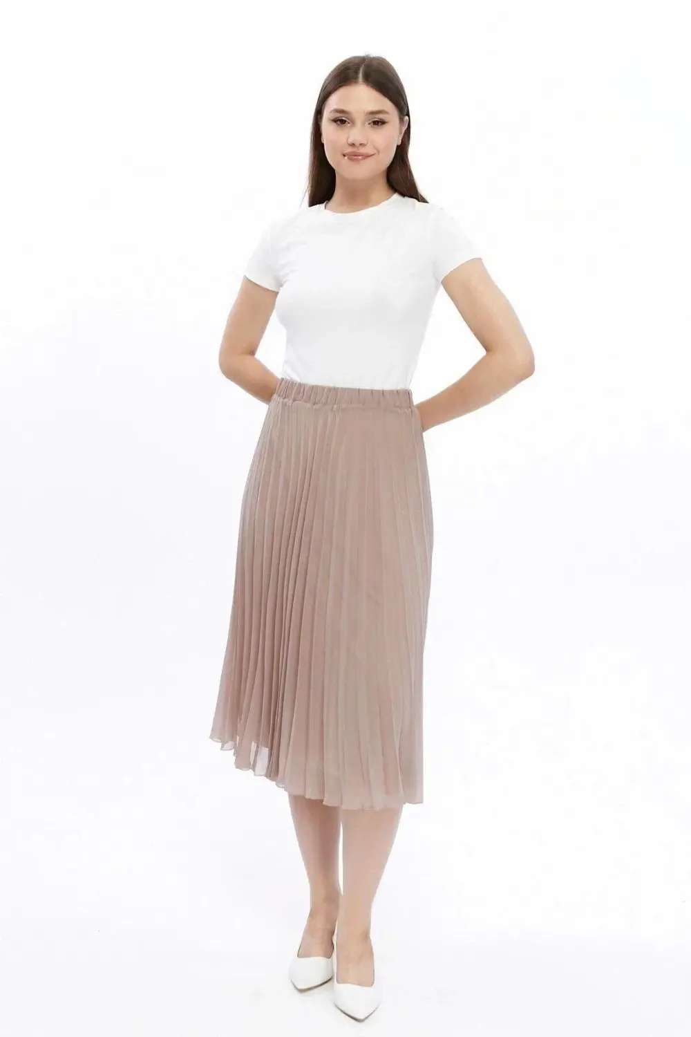 Apsen Kadın Vizon Midi Boy Piliseli Beli Lastikli Şifon Etek 2193