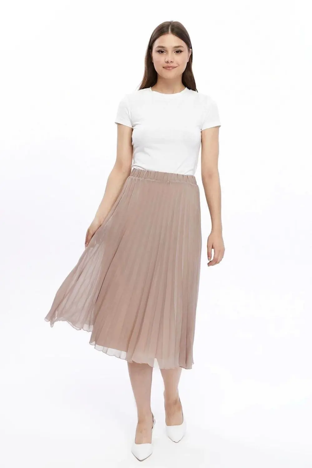 Apsen Kadın Vizon Midi Boy Piliseli Beli Lastikli Şifon Etek 2193