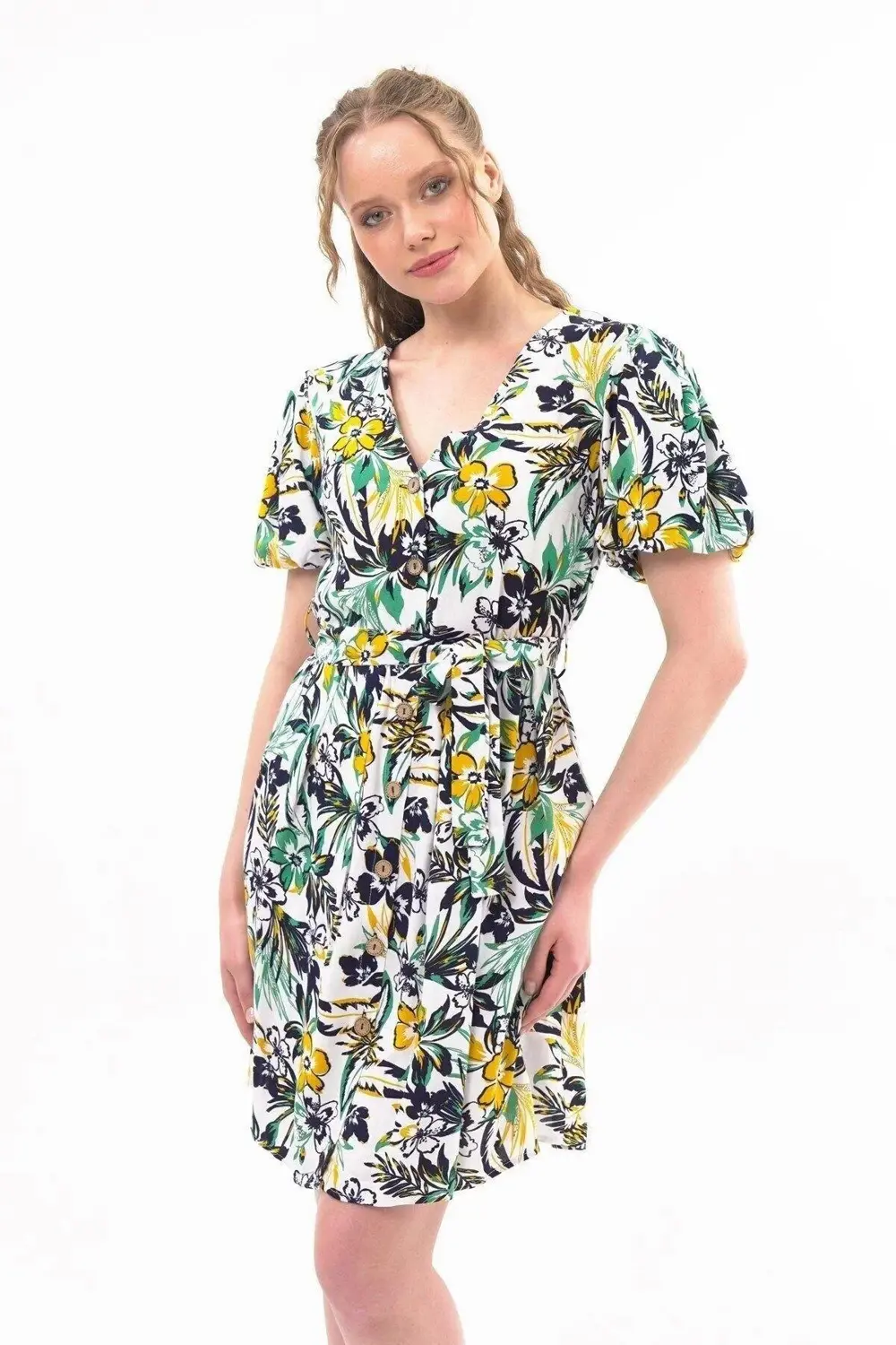 Apsen Kadın Yeni Sezon Kuşaklı Düğme Detaylı Desenli Viskon Elbis