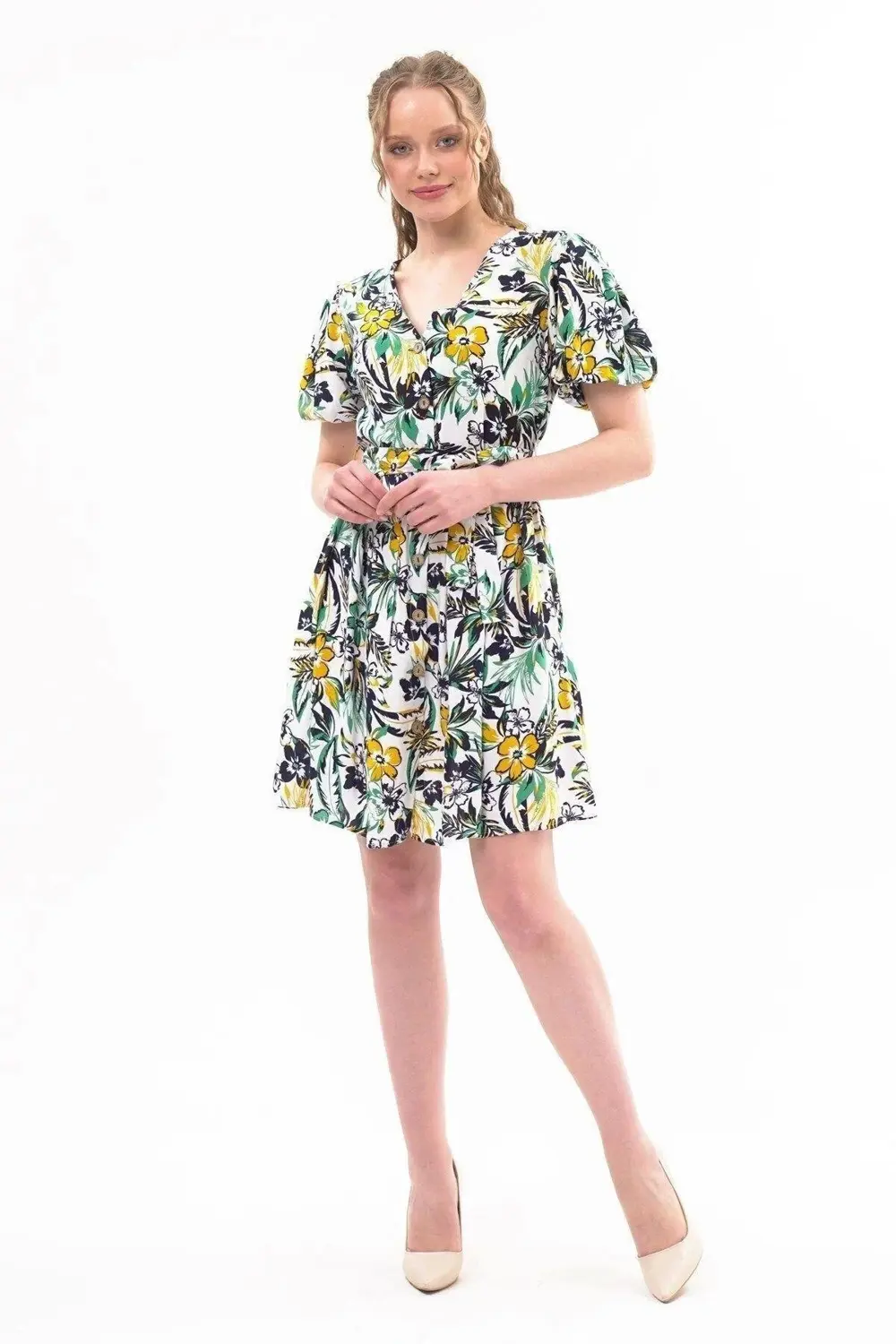 Apsen Kadın Yeni Sezon Kuşaklı Düğme Detaylı Desenli Viskon Elbis