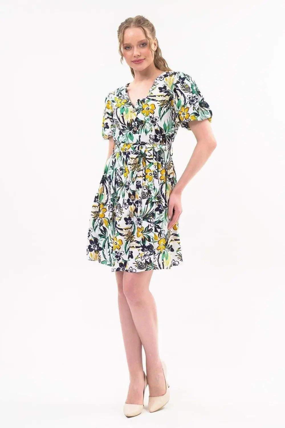 Apsen Kadın Yeni Sezon Kuşaklı Düğme Detaylı Desenli Viskon Elbis