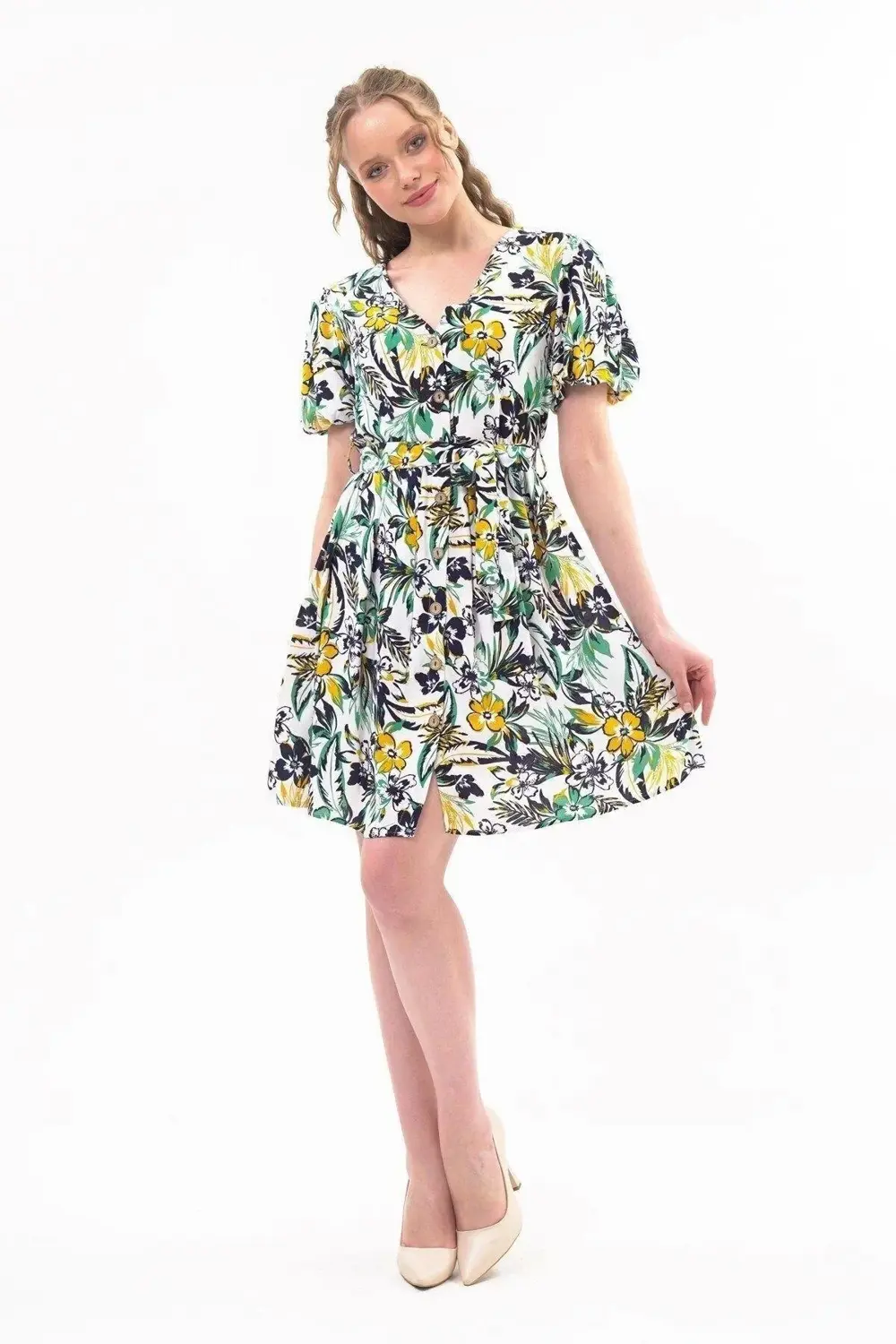 Apsen Kadın Yeni Sezon Kuşaklı Düğme Detaylı Desenli Viskon Elbis