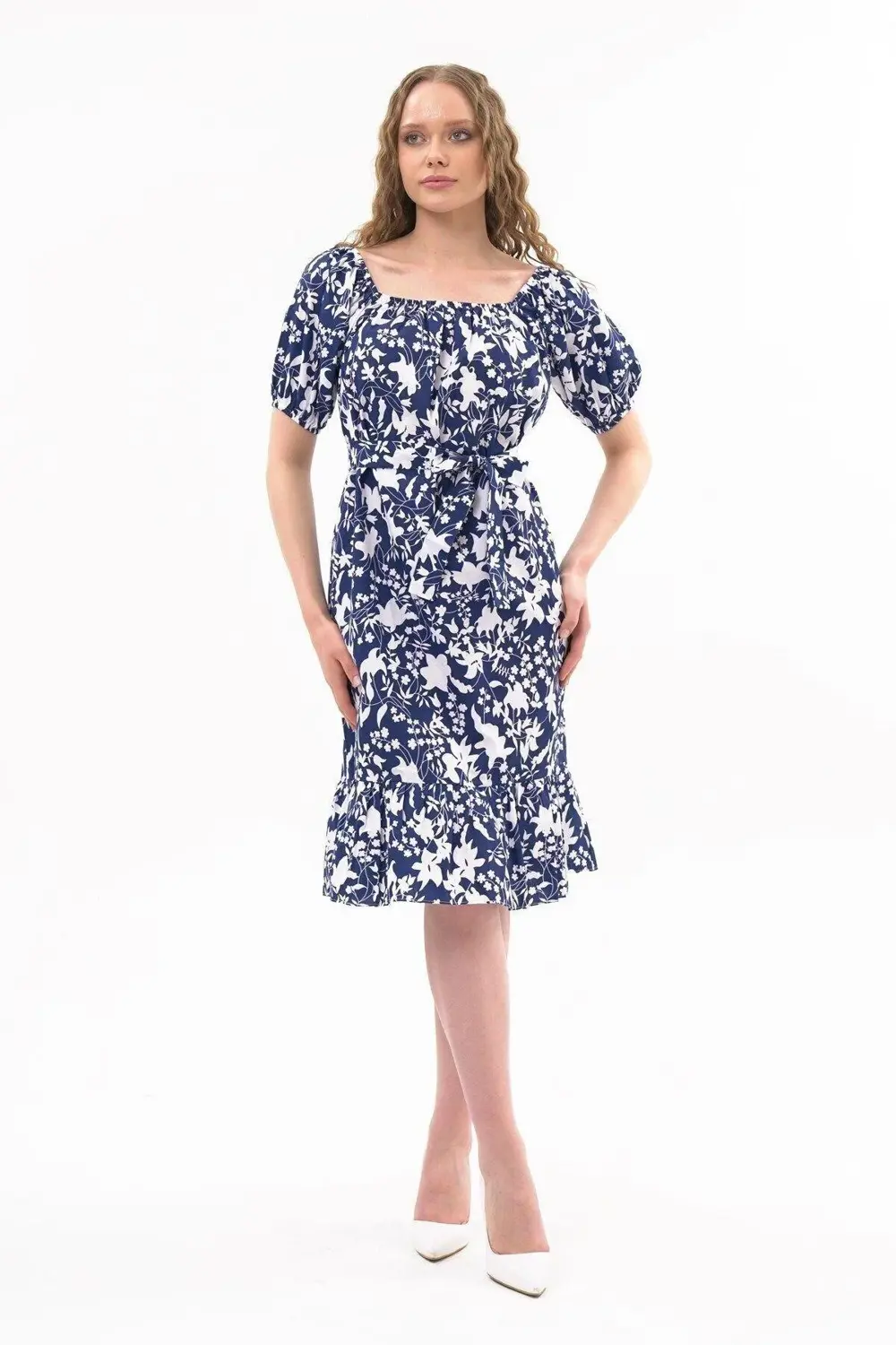 Apsen Kadın Yeşil Kayık Yaka Büzgülü Volan Detaylı Midi Yazlık El