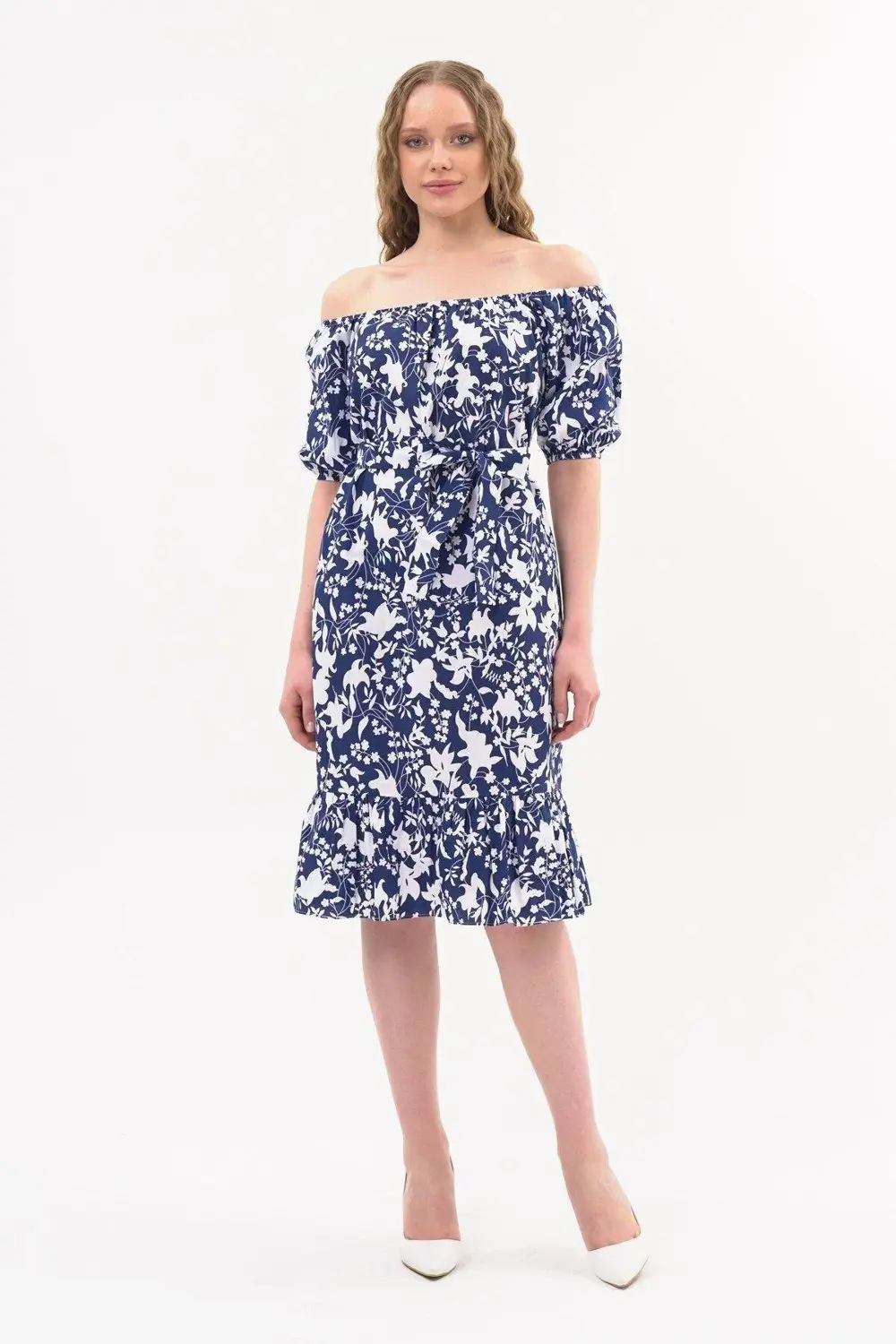 Apsen Kadın Yeşil Kayık Yaka Büzgülü Volan Detaylı Midi Yazlık El