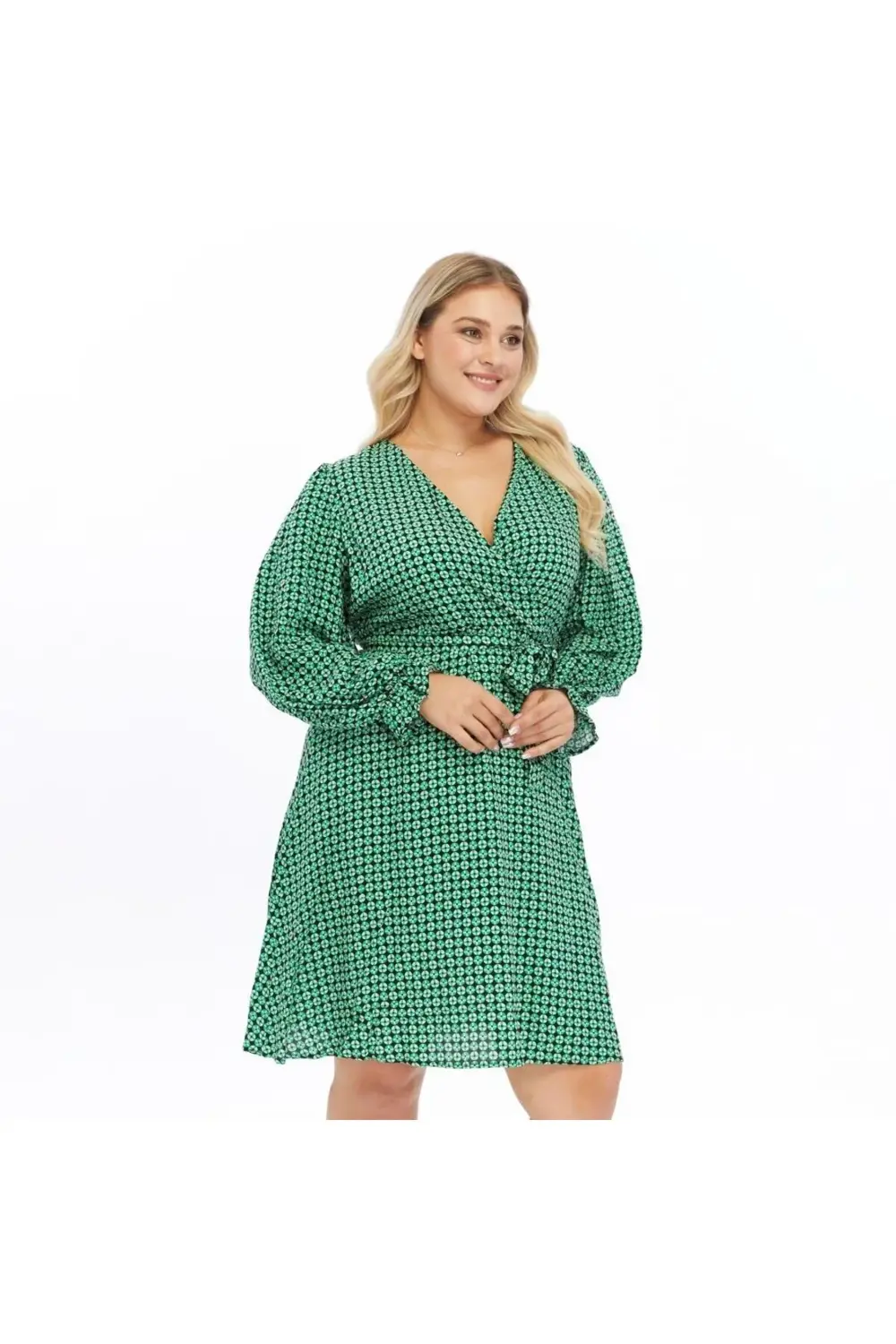 Apsen  Kadın Yeşil Kruvaze Yaka Kuşak Detaylı Midi Elbise 4481/105