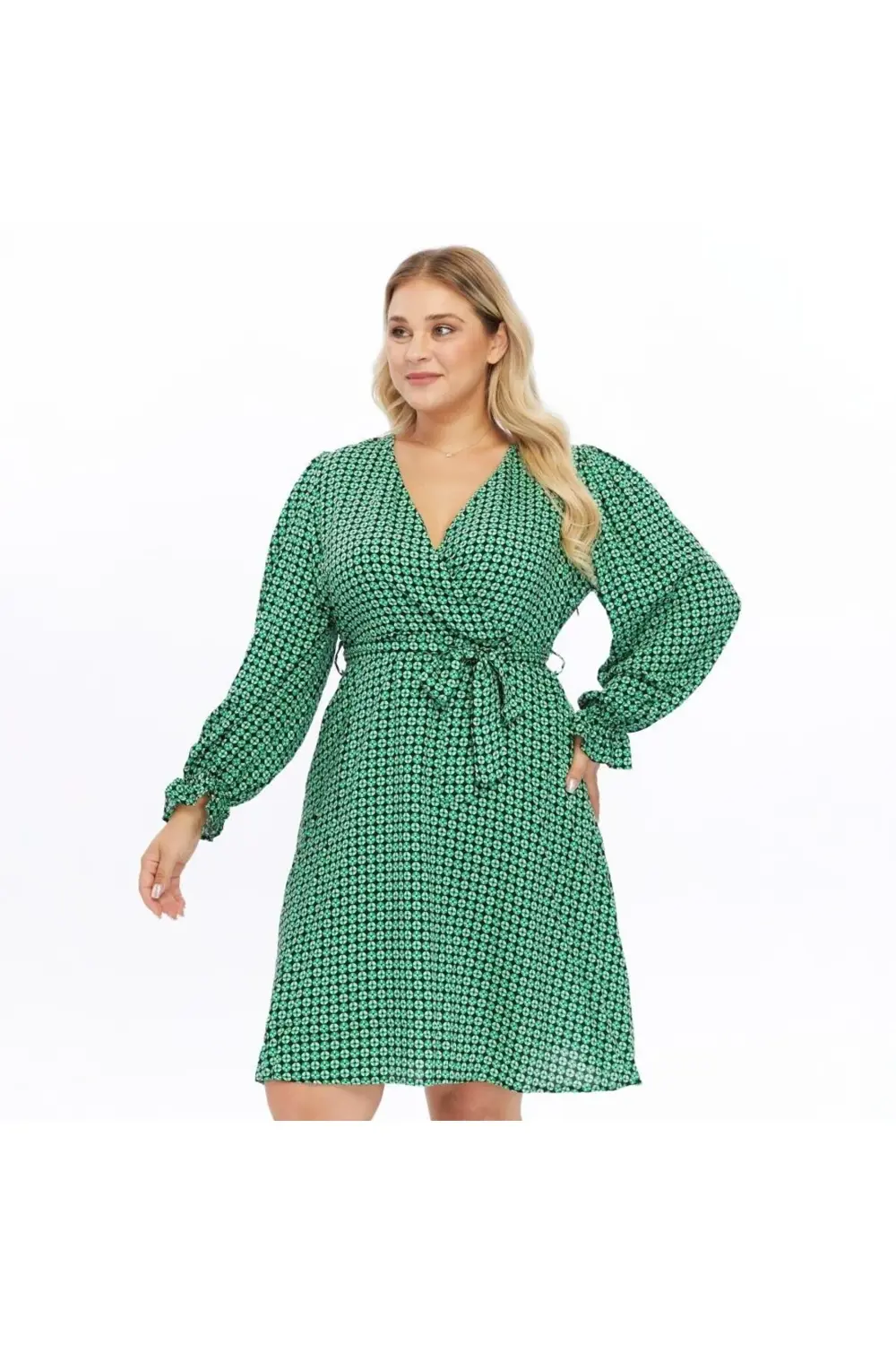Apsen  Kadın Yeşil Kruvaze Yaka Kuşak Detaylı Midi Elbise 4481/105