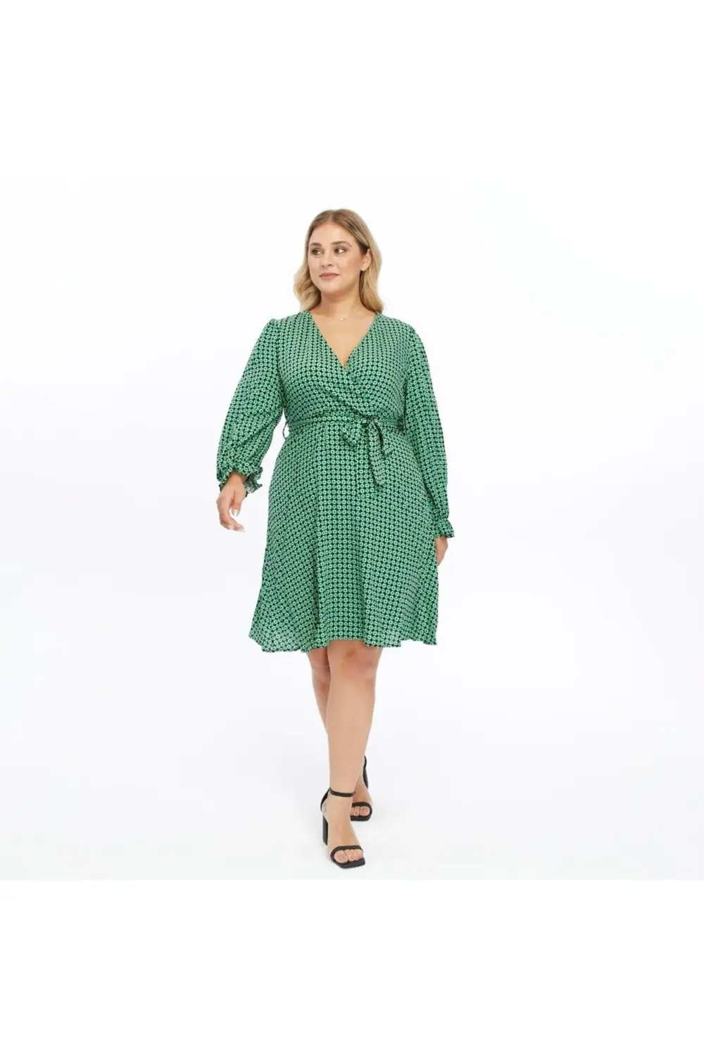 Apsen  Kadın Yeşil Kruvaze Yaka Kuşak Detaylı Midi Elbise 4481/105