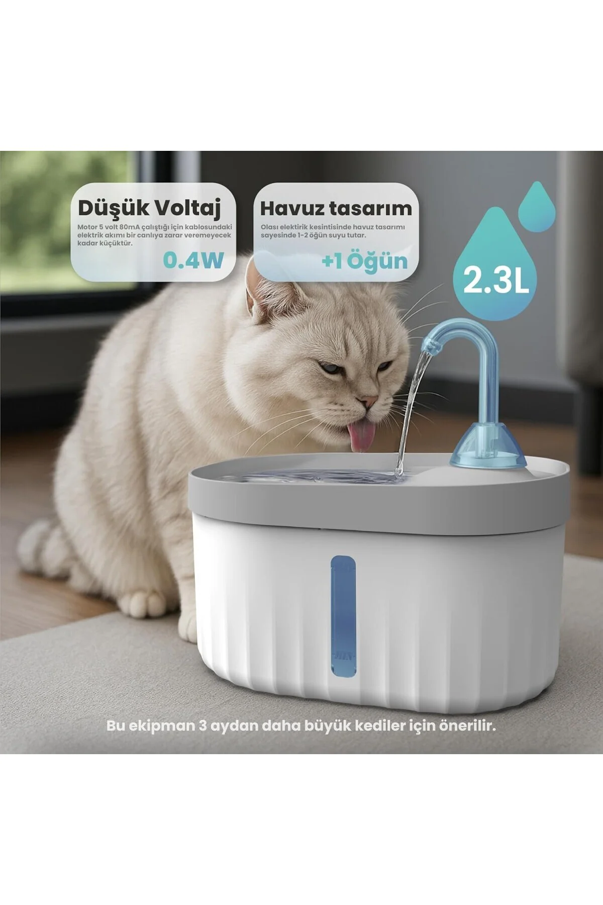 Aquata Otomatik Kedi Su Pınarı Ultra Sessiz Kedi Su Sebili 40db U