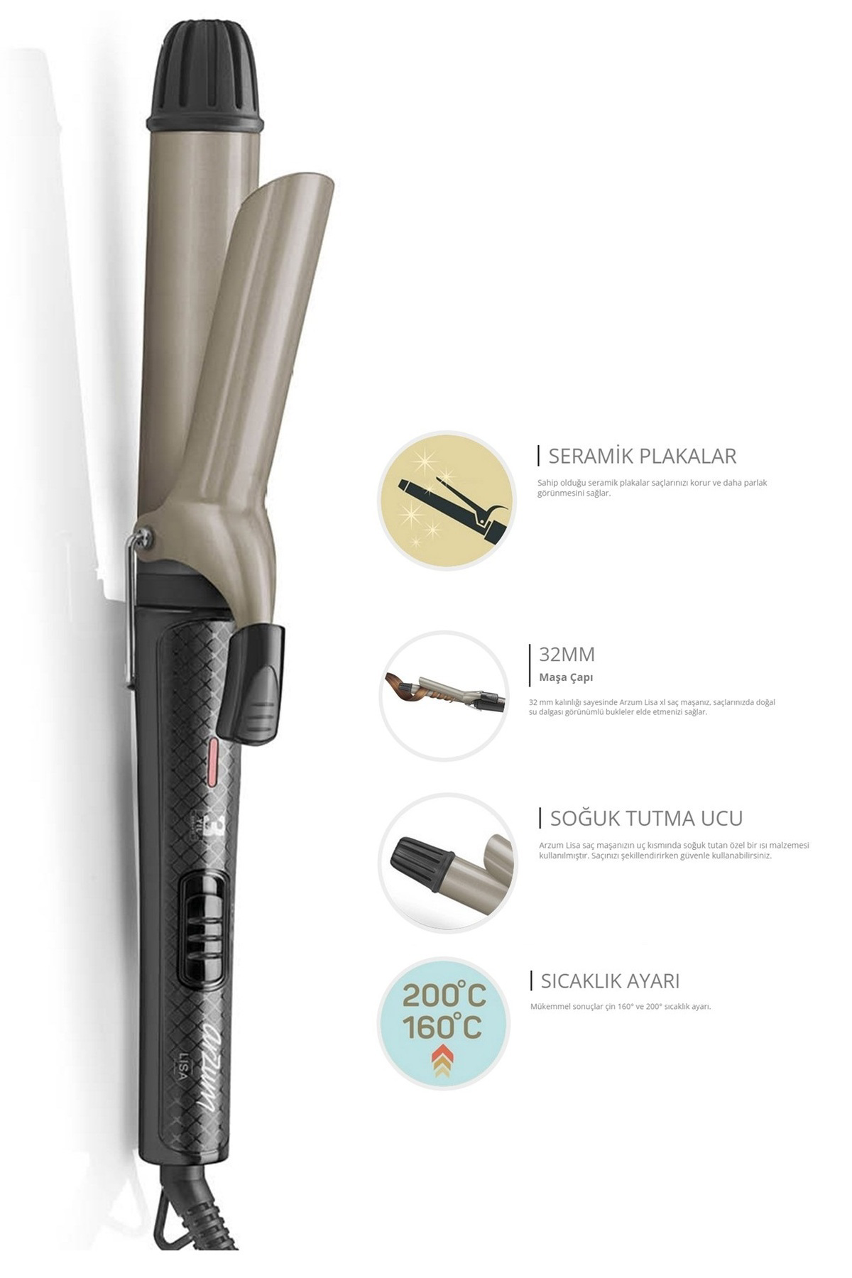 AR5028 Lisa XL Saç Maşası Seramik Plaka 32mm, 160-200° C, Siyah