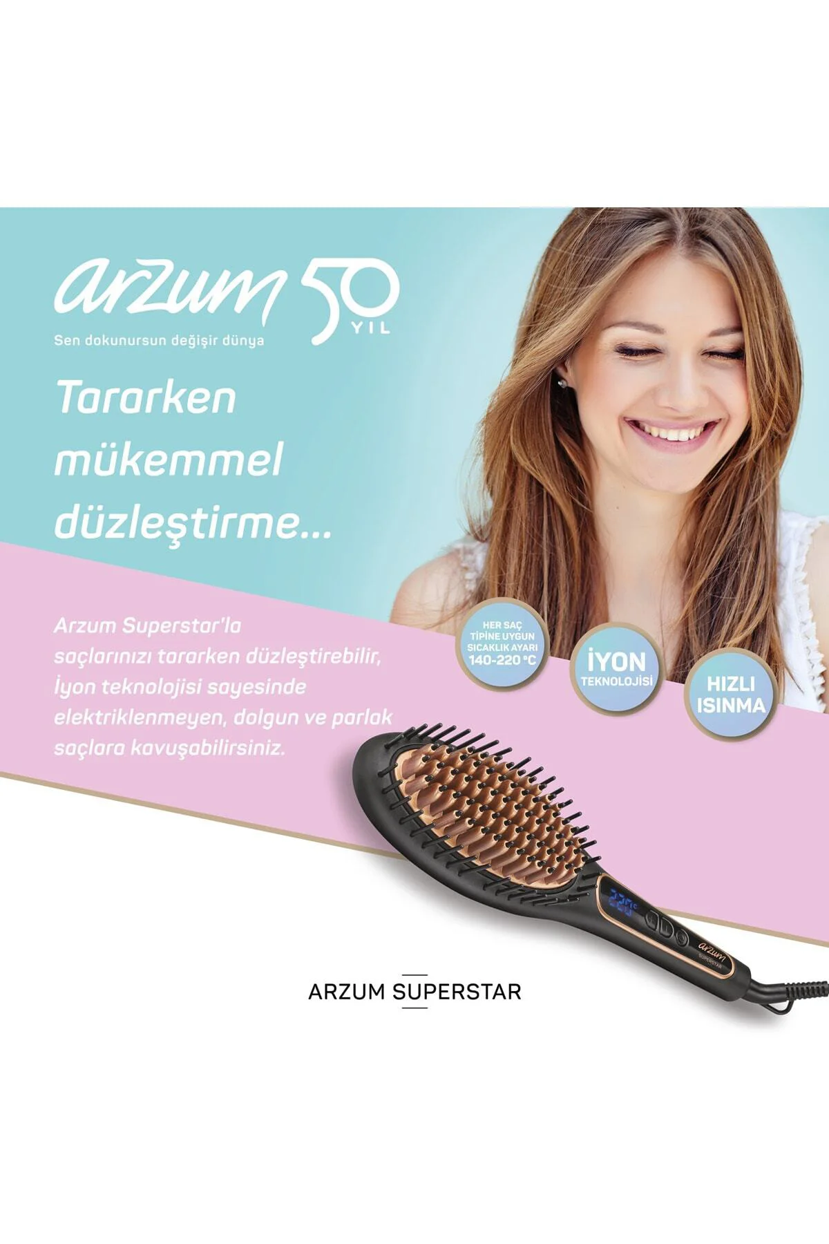 AR5036 Superstar Turmalin İyon Saç Düzleştirici Fırça, Otomatik Kapanma, Siyah
