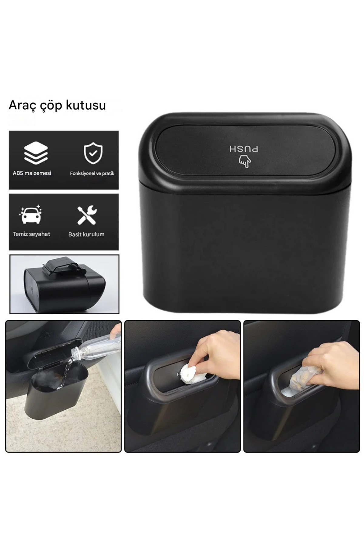 Araba Çöp Kutusu Portatif Araç İçi Taşınabilir Kapaklı Organizer 
