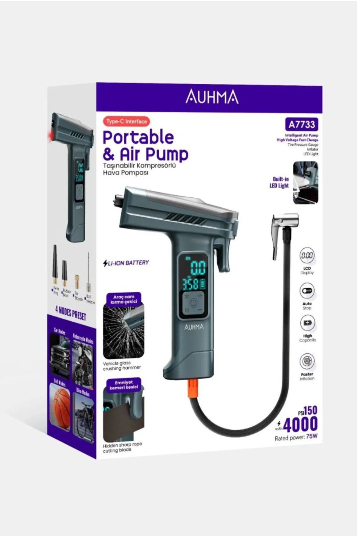 Araba Hava Pompası 4’ü 1 Arada: Kompresör + Cam Kırıcı + Kemer Ke