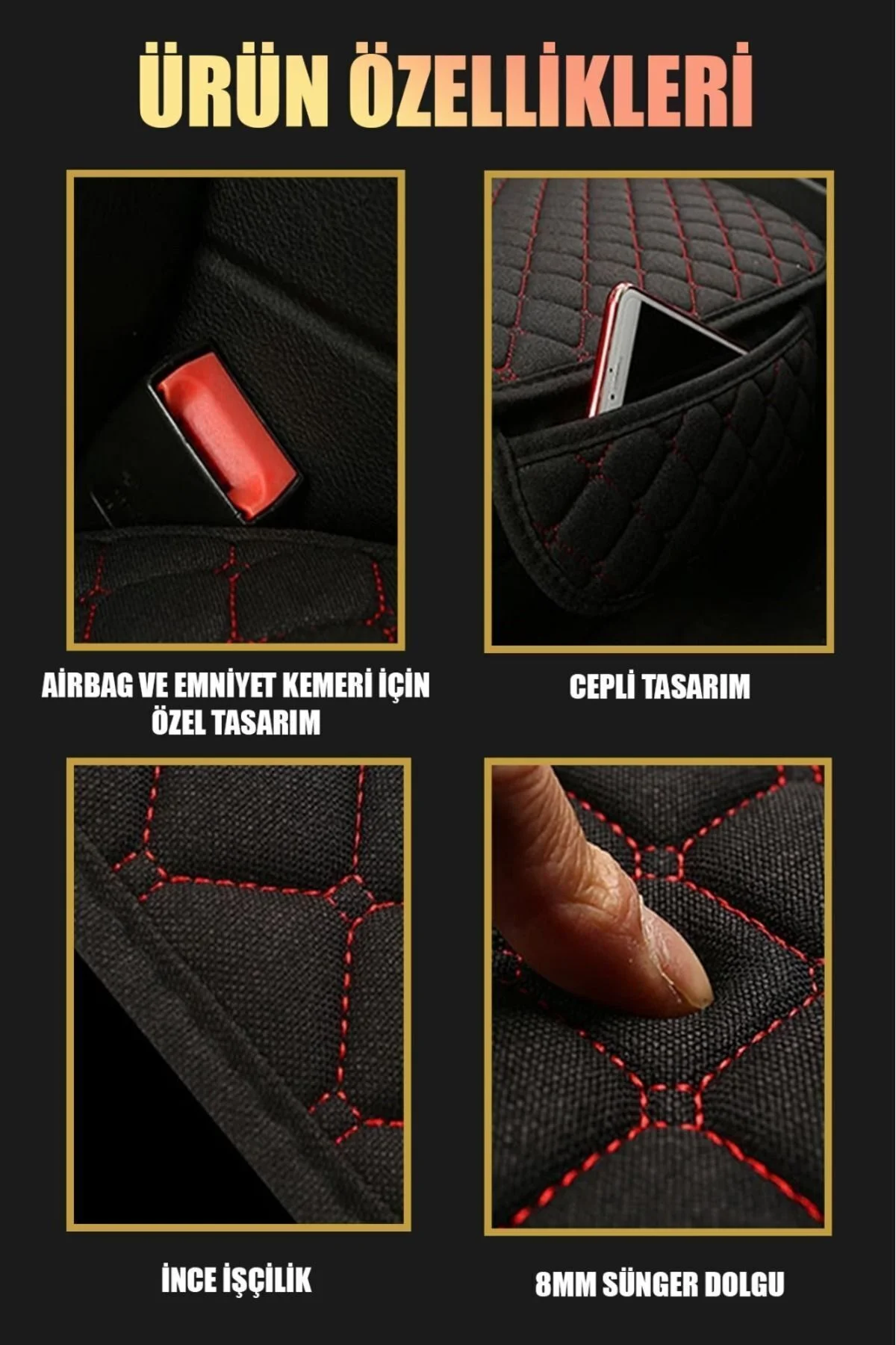 Araba Koltuk Minderi Kumaş Siyah-Siyah NakışlıÖn İkili Araba Koltuk Minderi Kumaş Siyah-Siyah NakışlıÖn İkili - Görsel 4