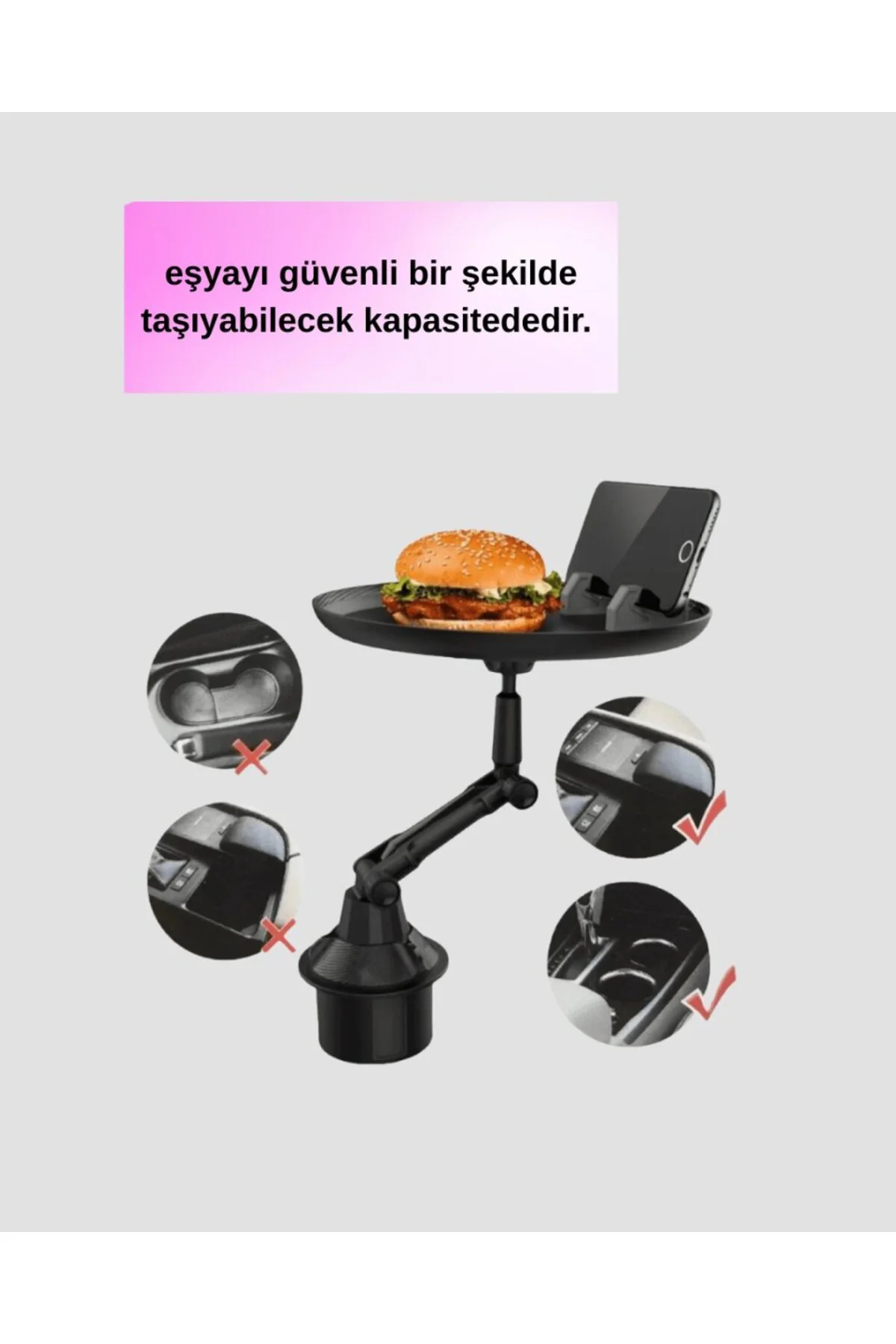 Araç Bardaklık Tepsisi 360° Dönebilen Kol Ayarlı Geniş Yemek Alan
