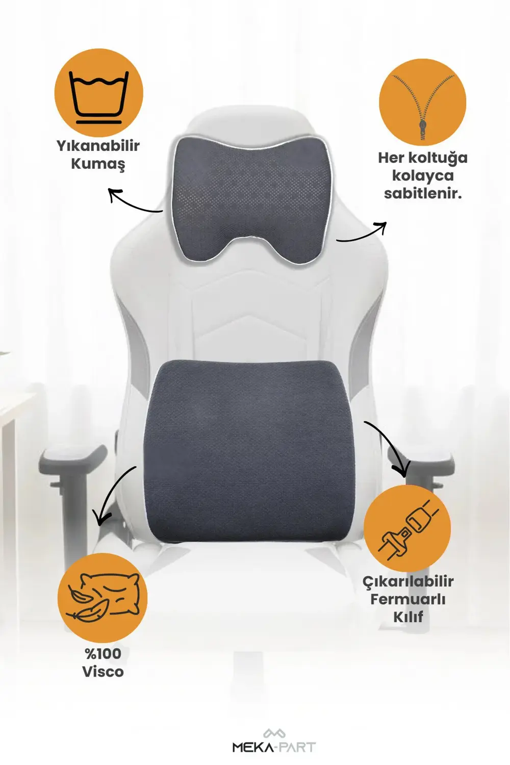 Araç Bel ve Boyun Destek Yastığı Yumuşak Visco Gri Tek Koltuk