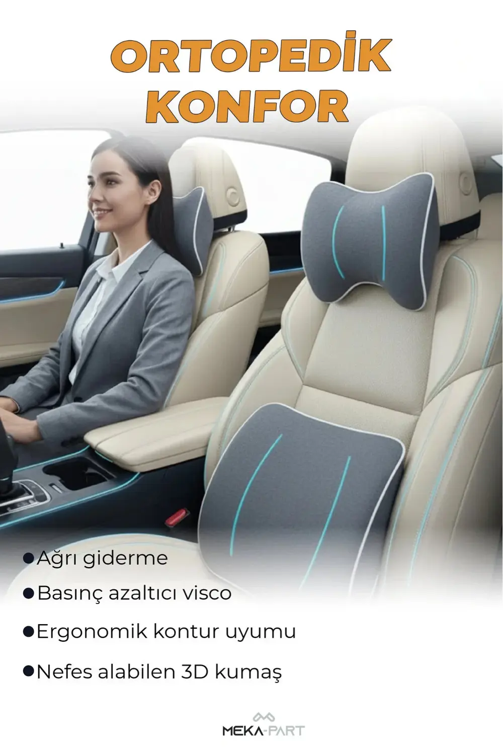 Araç Bel ve Boyun Destek Yastığı Yumuşak Visco Gri Tek Koltuk