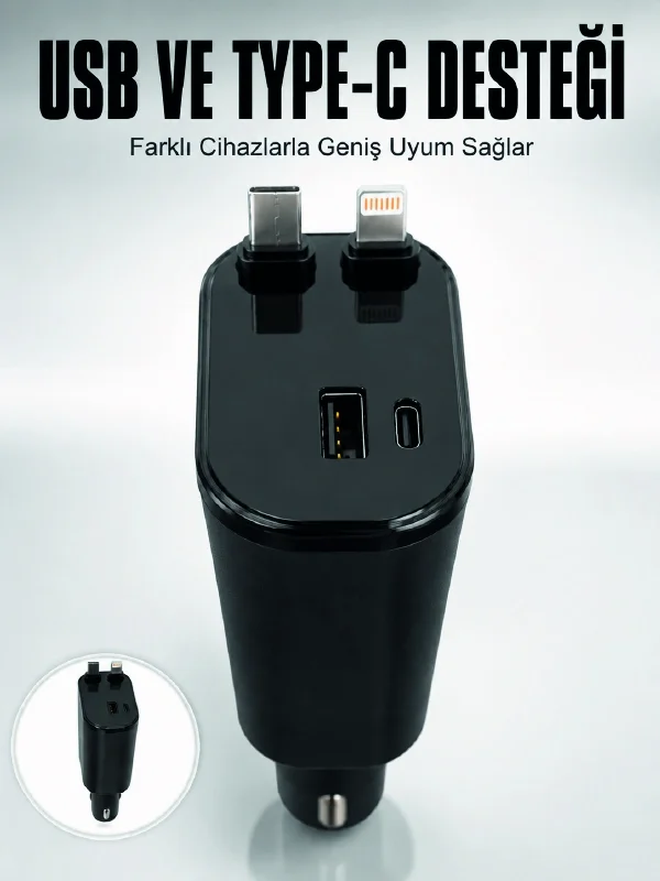 Araç Çakmaklık Şarj Cihazı 120W Type-C &amp; Lightning Kablolu Çoklu Hızlı Şarj İstasyonu