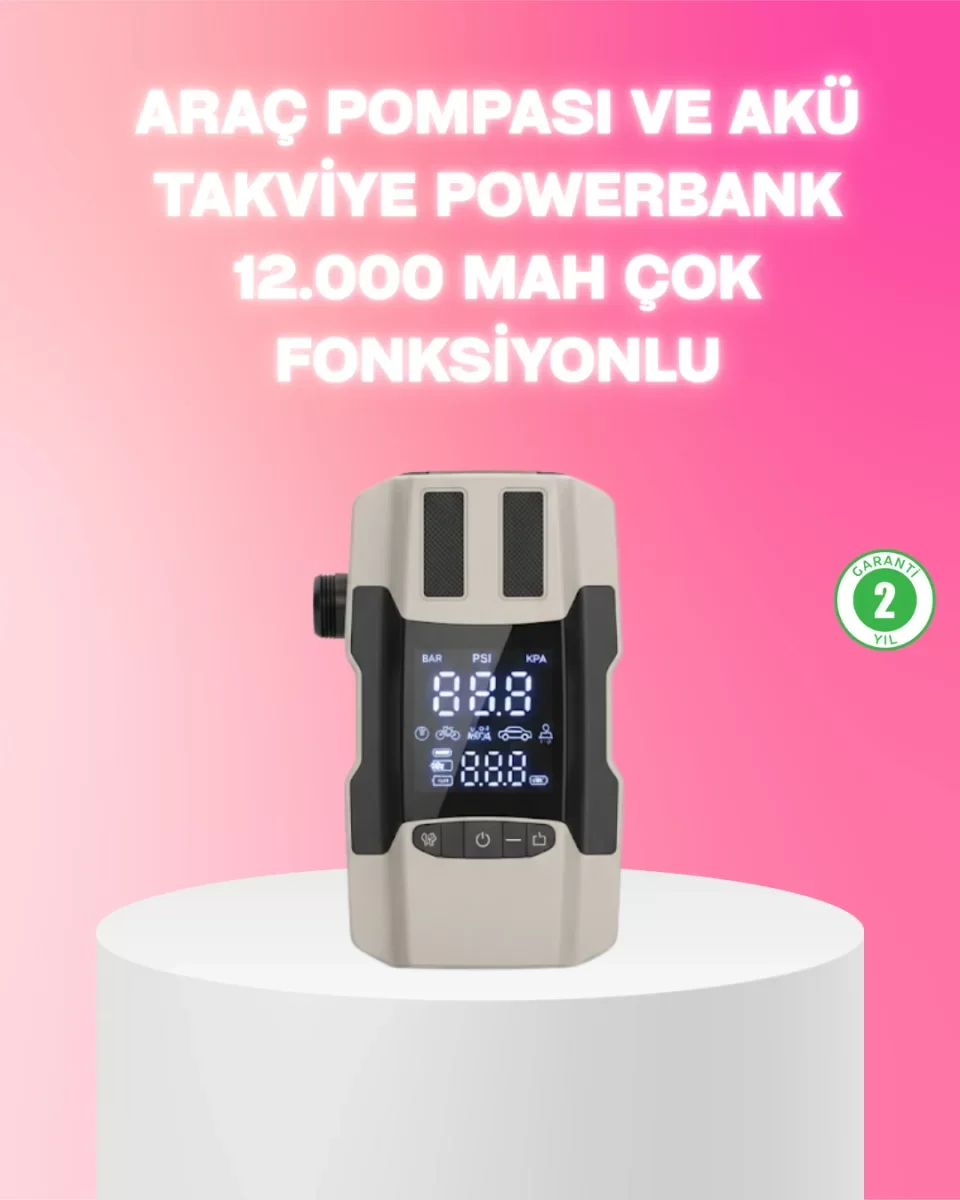 Araç Hava Pompası ve Akü Takviye Powerbank 12.000 mAh Çok Fonksiy