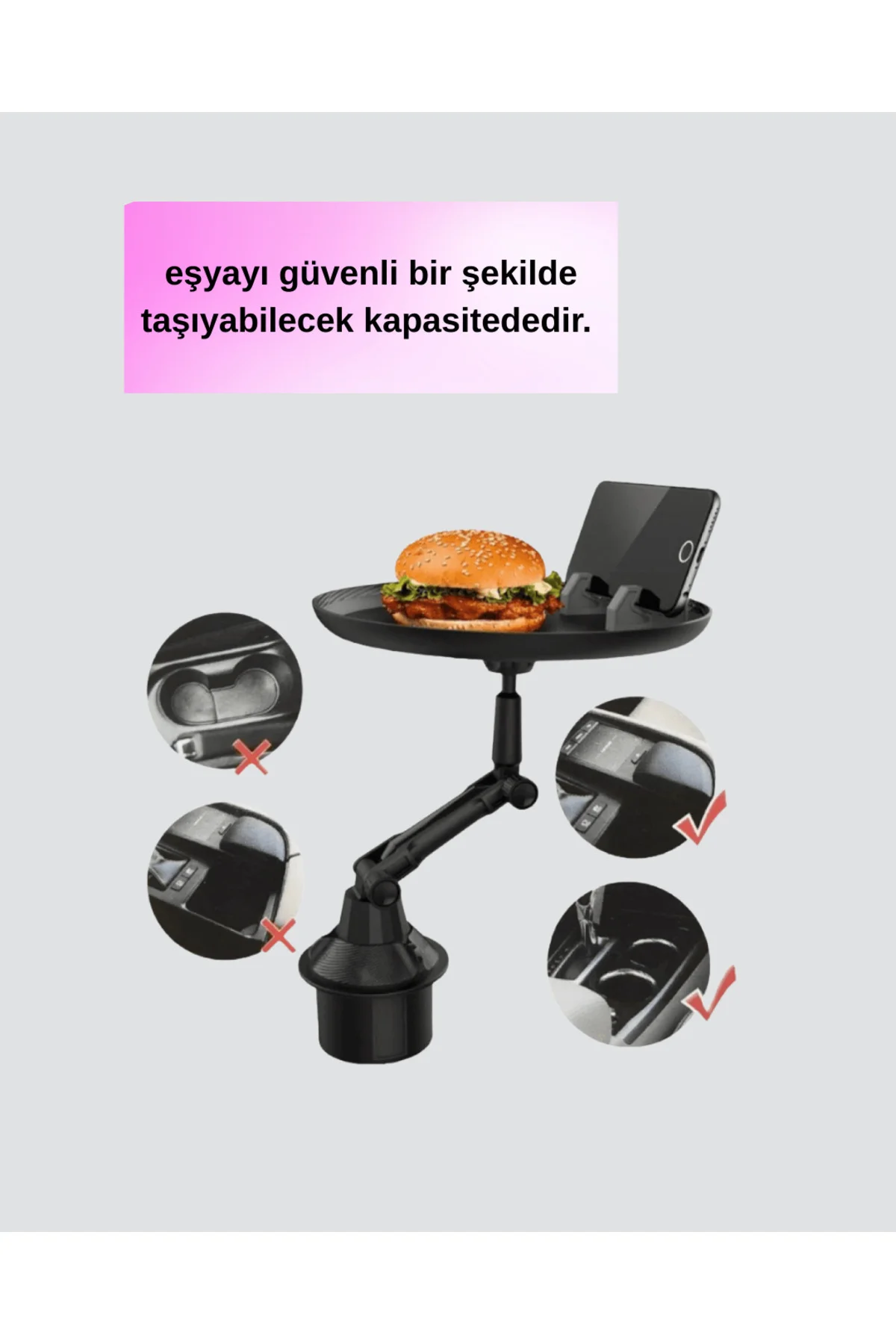 Araç İçi 360° Ayarlanabilir Bardaklık Tepsisi Geniş Yüzeyli ve Te