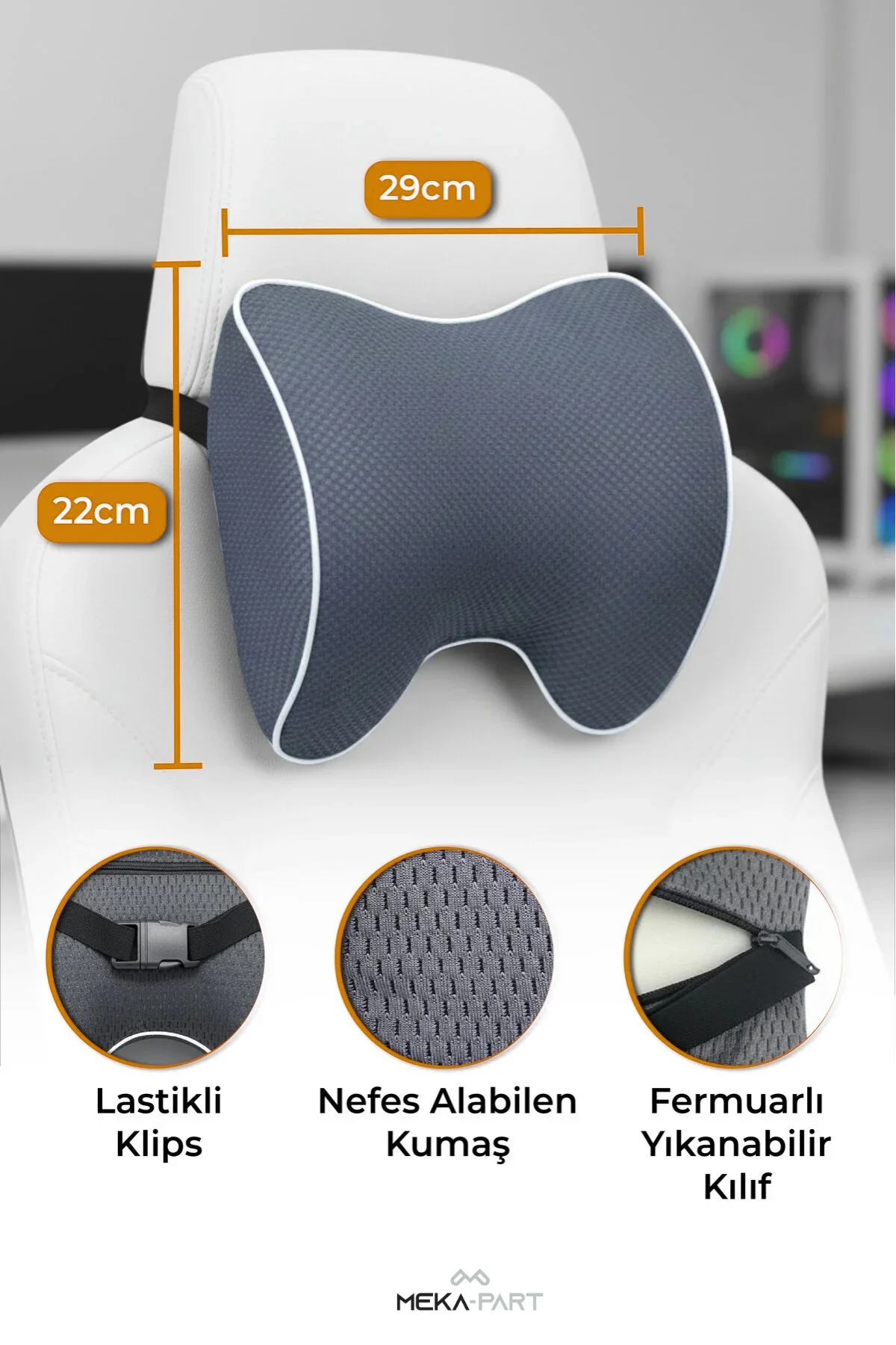Araç İçi Boyun Destek Yastığı Yumuşak 2 Parça GRİ 29x22x11