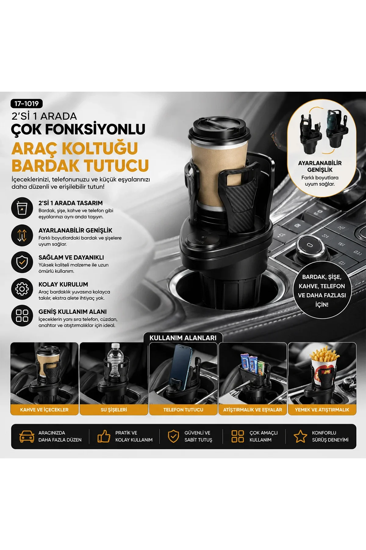 Araç İçi Çok Fonksiyonlu Bardak Tutucu - 360° Döner, 2 Bölmeli